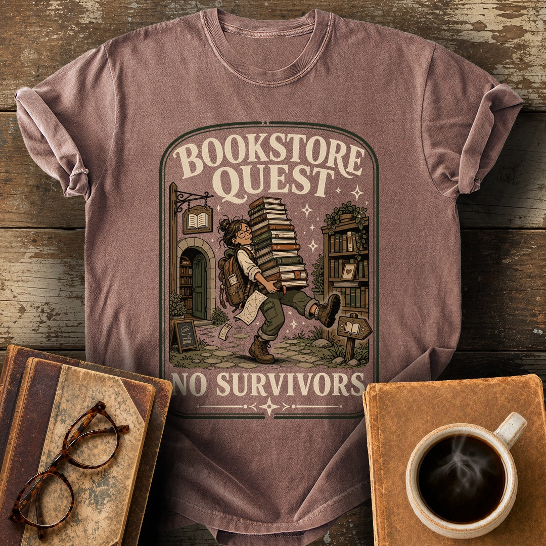Bookstore Quest No Survivors Tee - espresso shirt mockup