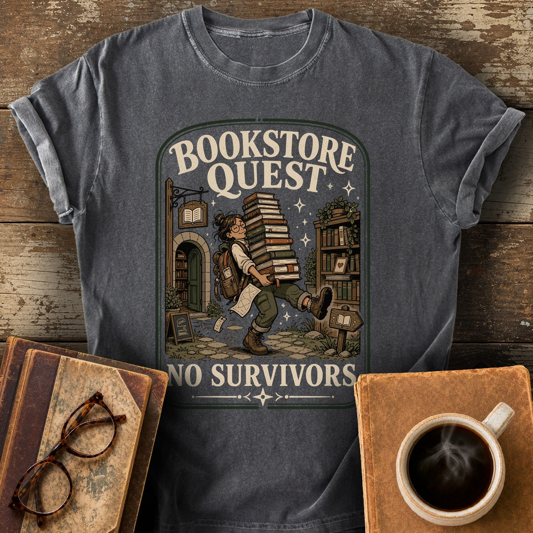 Bookstore Quest No Survivors Tee - pepper shirt mockup