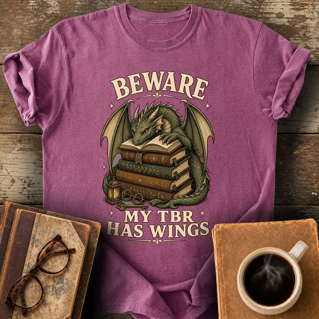 Beware My TBR Has Wings Tee - berry shirt mockup