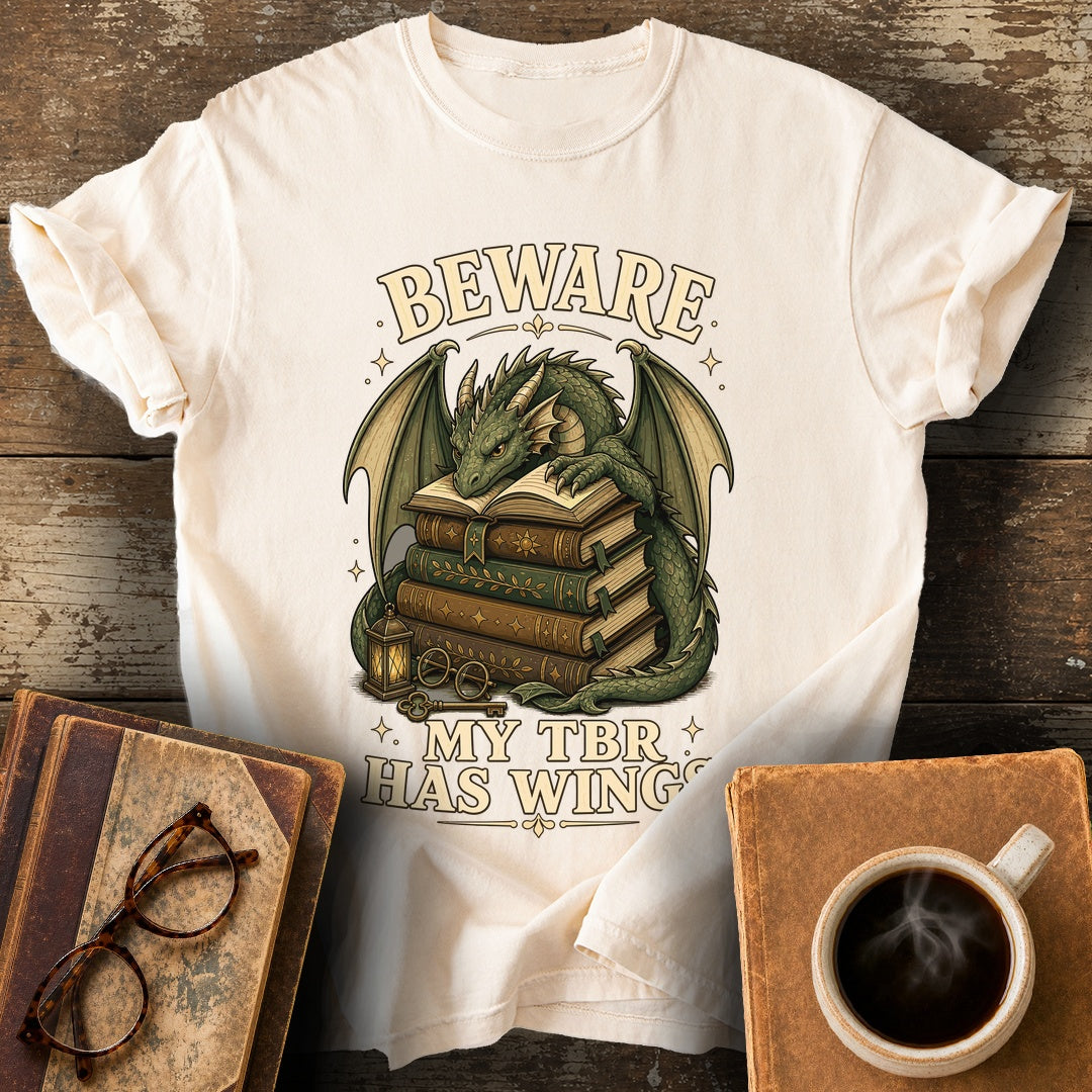 Beware My TBR Has Wings Tee - ivory shirt mockup