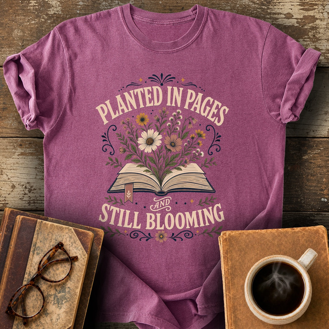 Planted in Pages and Still Blooming Tee - berry shirt mockup