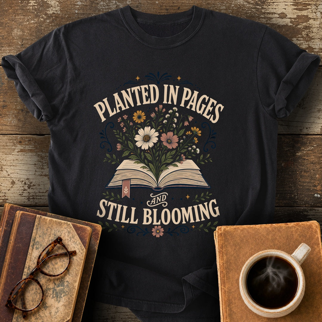 Planted in Pages and Still Blooming Tee - black shirt mockup