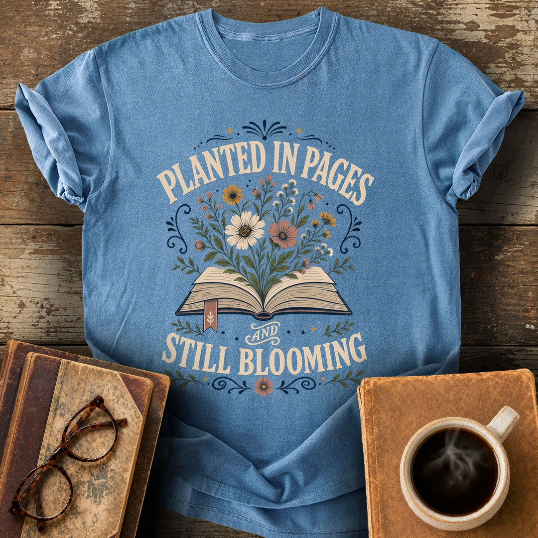Planted in Pages and Still Blooming Tee - blue jean shirt mockup