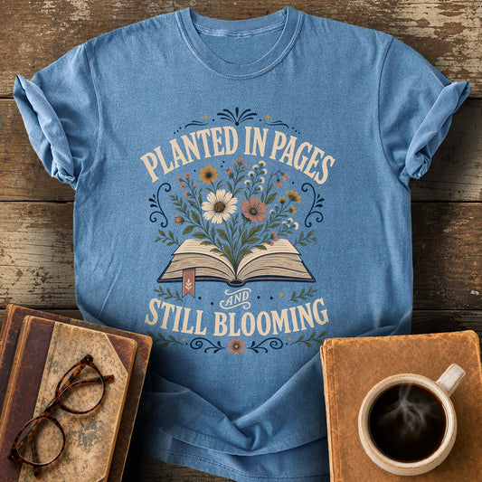 Planted in Pages and Still Blooming Tee - blue jean shirt mockup