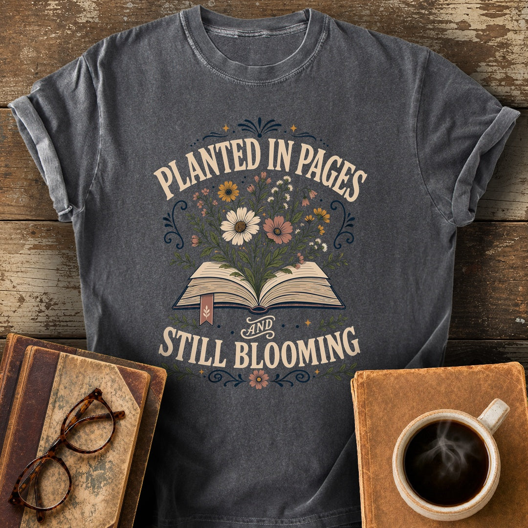 Planted in Pages and Still Blooming Tee - pepper shirt mockup