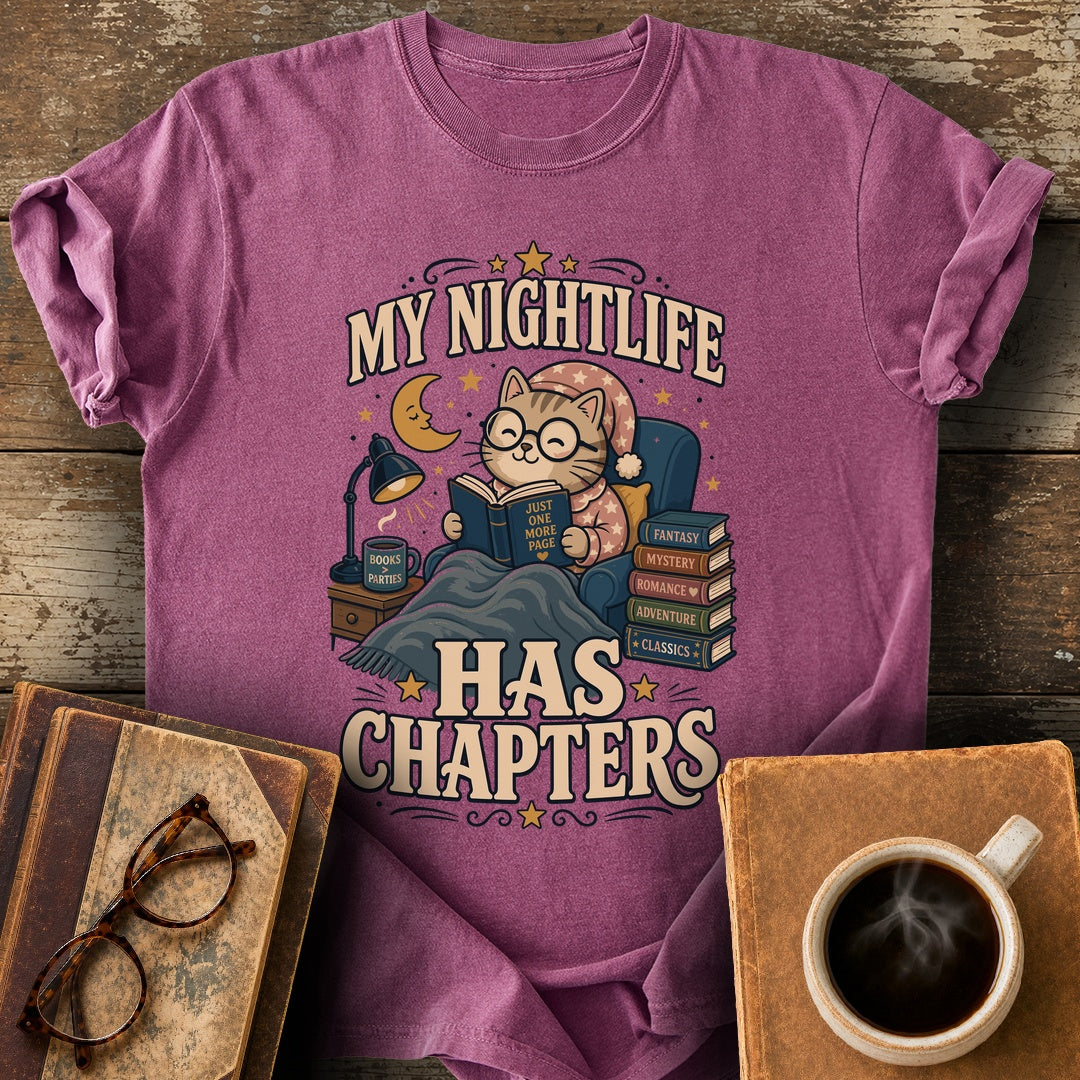 My Nightlife Has Chapters Tee - berry shirt mockup