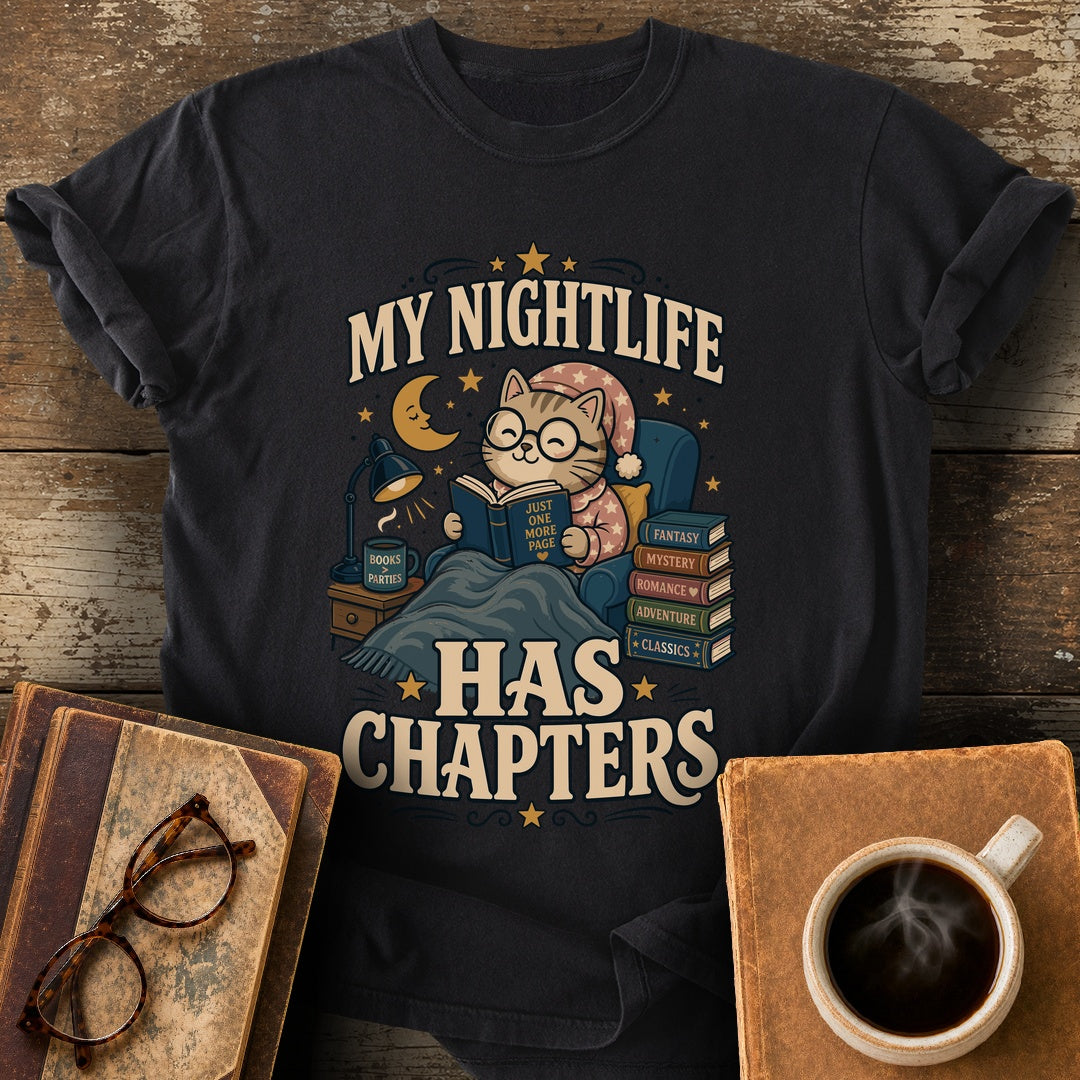 My Nightlife Has Chapters Tee - black shirt mockup
