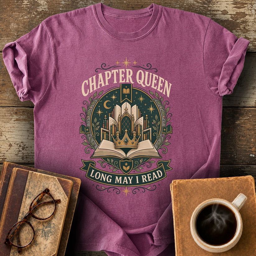 Chapter Queen Long May I Read Tee - berry shirt mockup