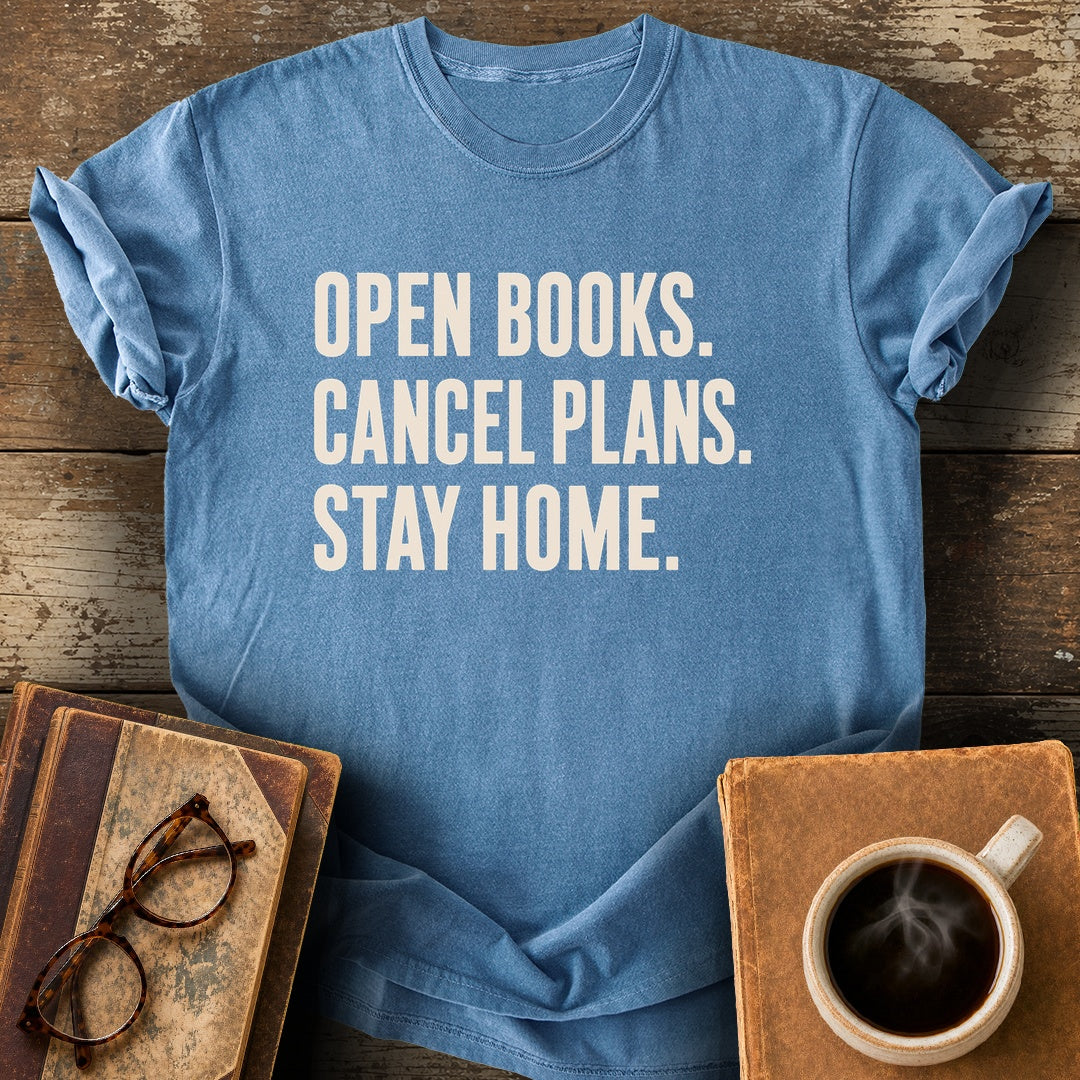 Open Books Cancel Plans Stay Home Tee - blue jean shirt mockup