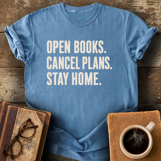 Open Books Cancel Plans Stay Home Tee - blue jean shirt mockup