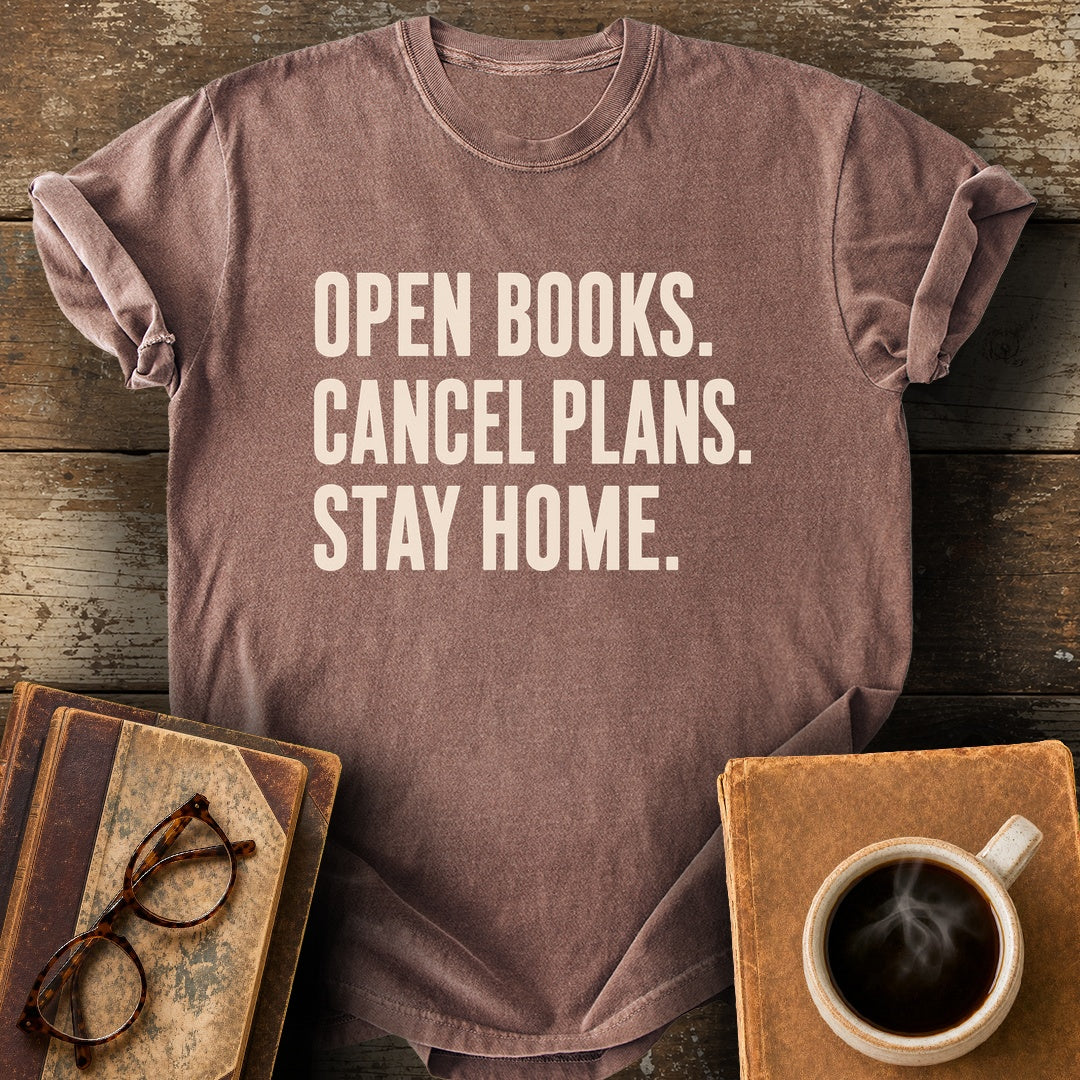 Open Books Cancel Plans Stay Home Tee - espresso shirt mockup