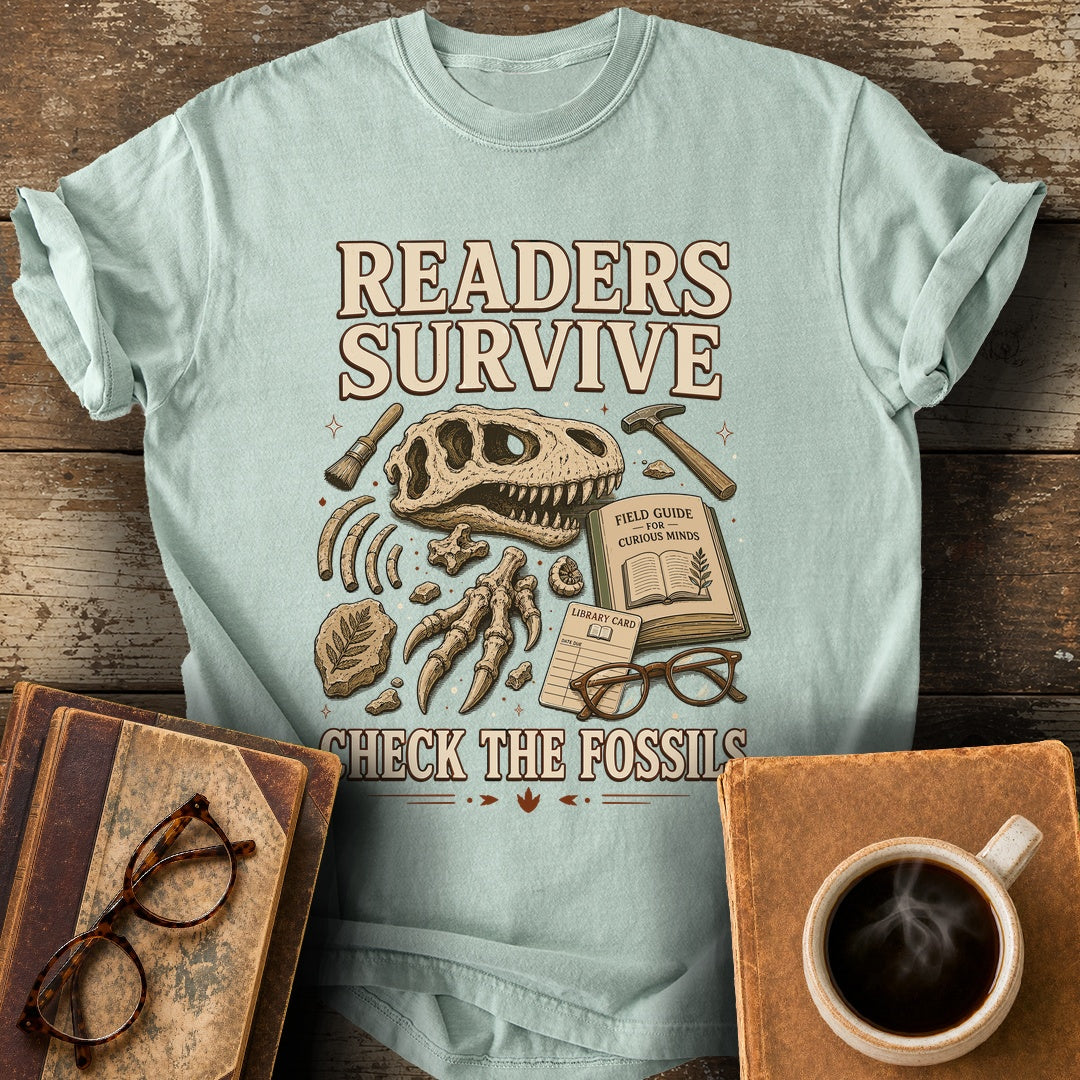 Readers Survive Check the Fossils Tee - bay shirt mockup