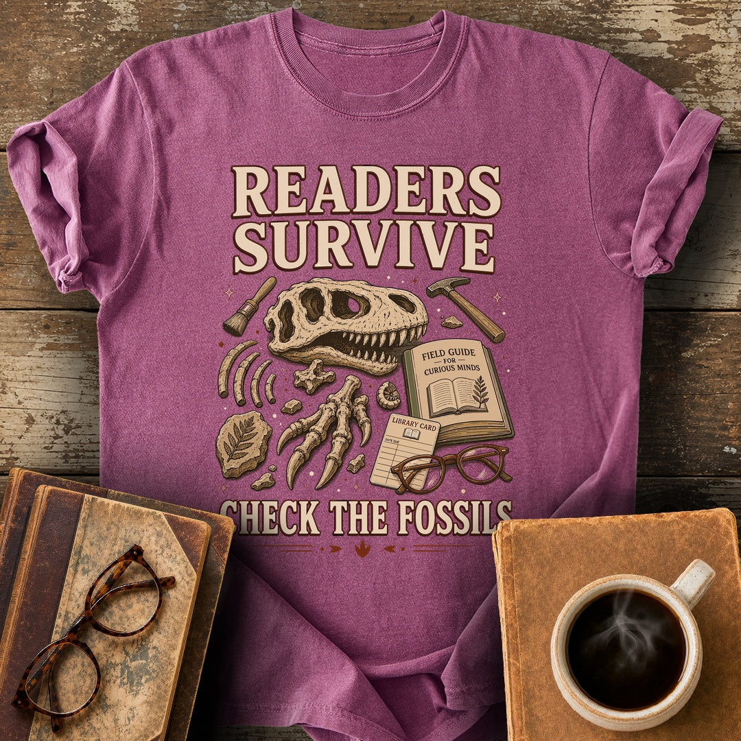 Readers Survive Check the Fossils Tee - berry shirt mockup