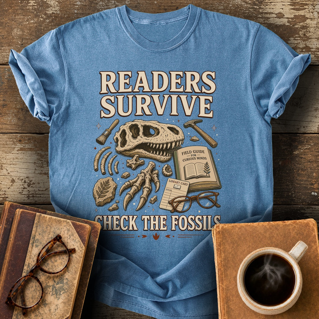 Readers Survive Check the Fossils Tee - blue jean shirt mockup
