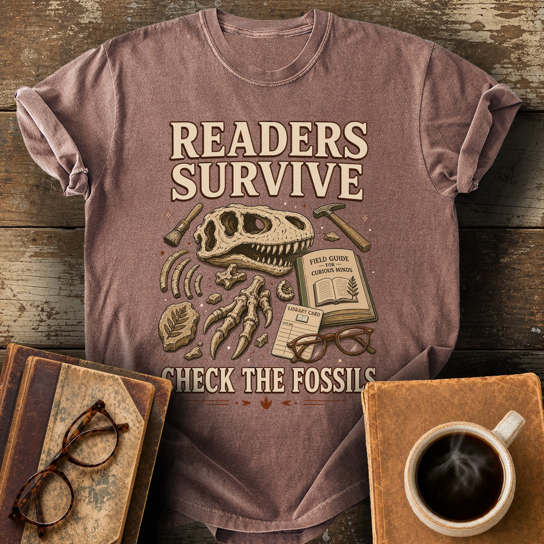 Readers Survive Check the Fossils Tee - espresso shirt mockup