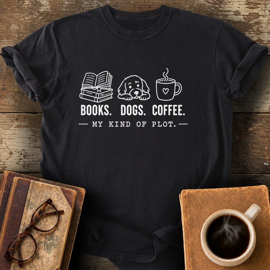 Books Dogs Coffee My Kind of Plot Tee - black shirt mockup