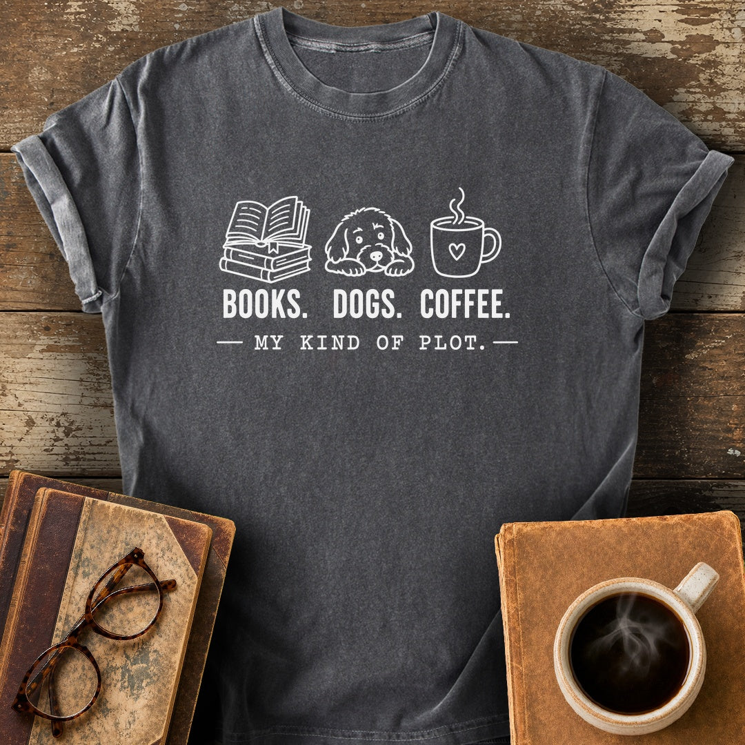 Books Dogs Coffee My Kind of Plot Tee - pepper shirt mockup