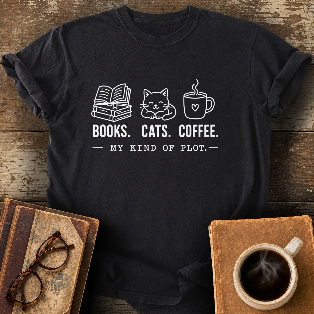 Books Cats Coffee My Kind of Plot Tee - black shirt mockup