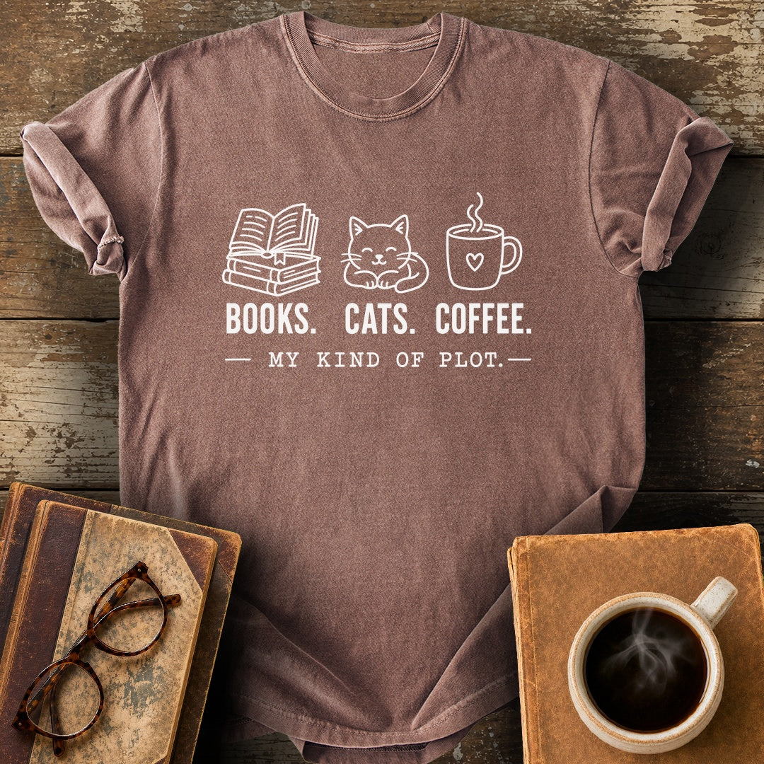 Books Cats Coffee My Kind of Plot Tee - espresso shirt mockup