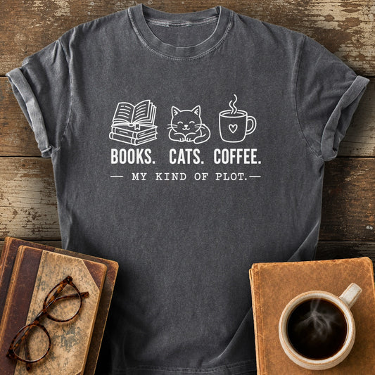 Books Cats Coffee My Kind of Plot Tee - pepper shirt mockup