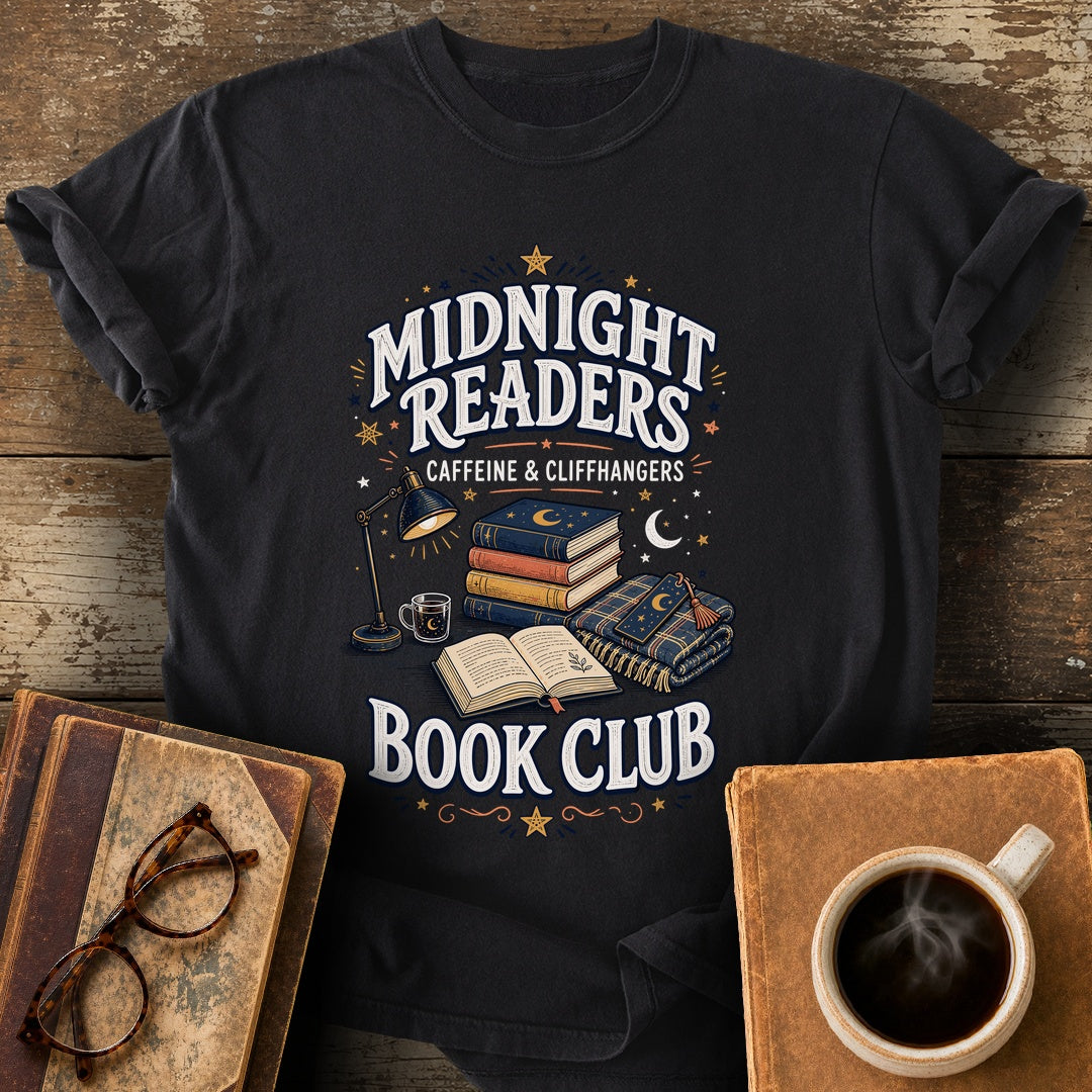 Midnight Readers Caffeine and Cliffhangers Tee - black shirt mockup