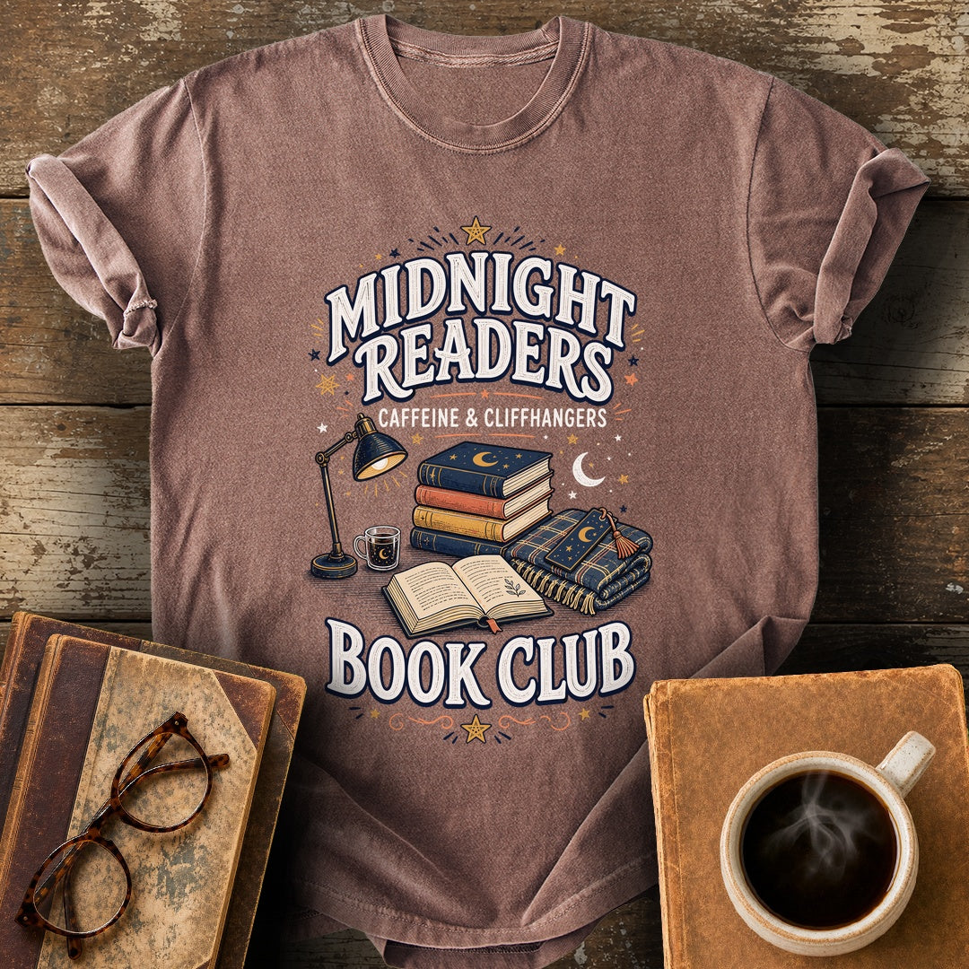 Midnight Readers Caffeine and Cliffhangers Tee - espresso shirt mockup