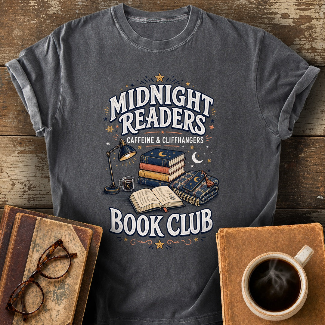Midnight Readers Caffeine and Cliffhangers Tee - pepper shirt mockup