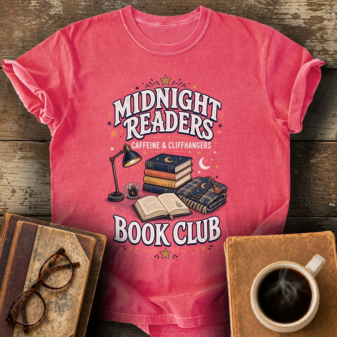 Midnight Readers Caffeine and Cliffhangers Tee - watermelon shirt mockup