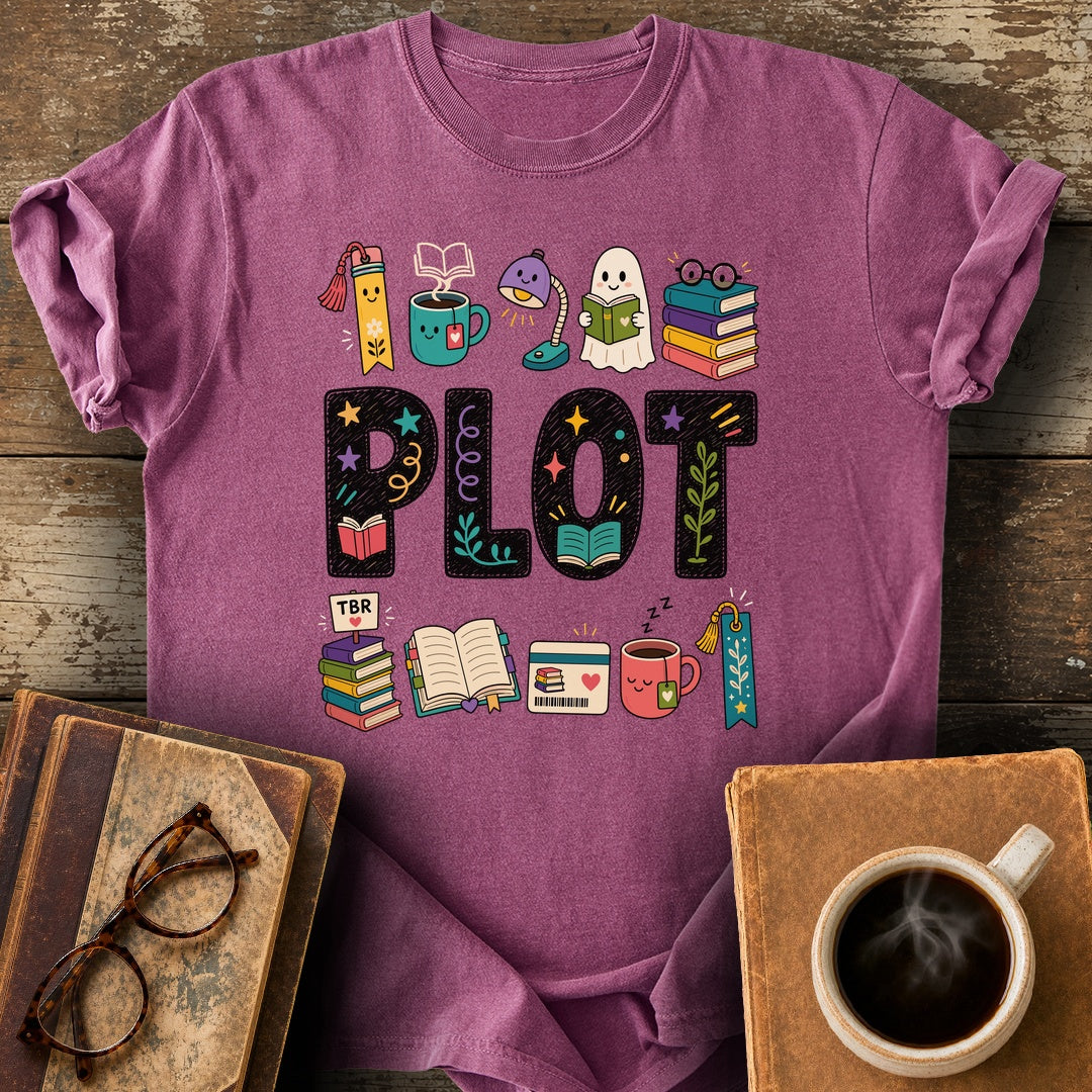 Plot Bookish Parade Tee - berry shirt mockup