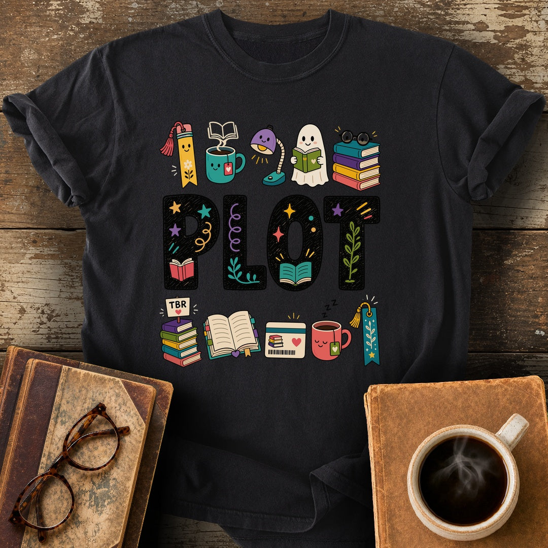 Plot Bookish Parade Tee - black shirt mockup