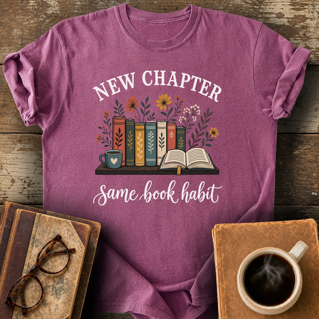New Chapter Same Book Habit Tee - berry shirt mockup