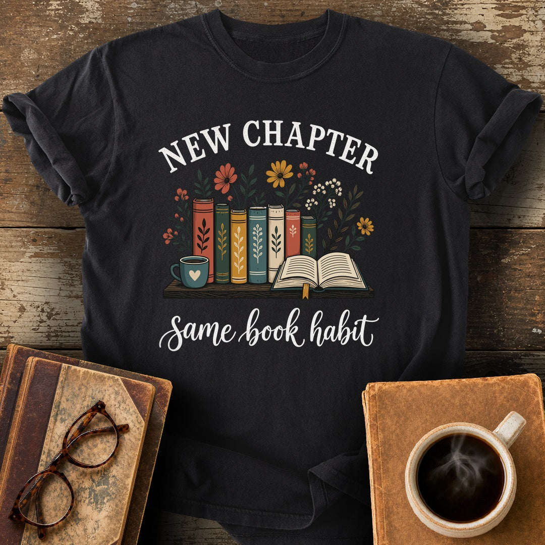 New Chapter Same Book Habit Tee - black shirt mockup