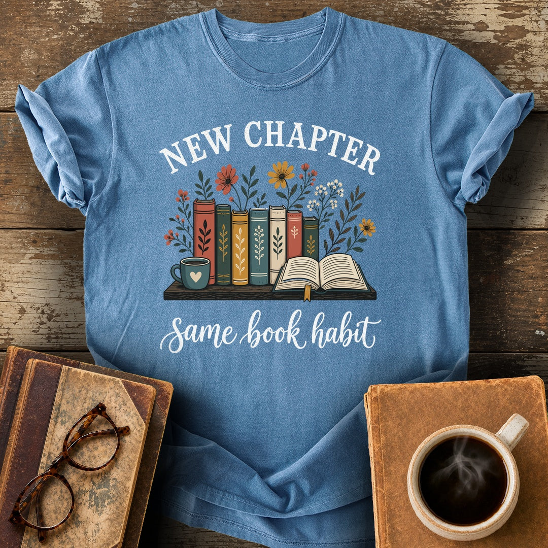 New Chapter Same Book Habit Tee - blue jean shirt mockup