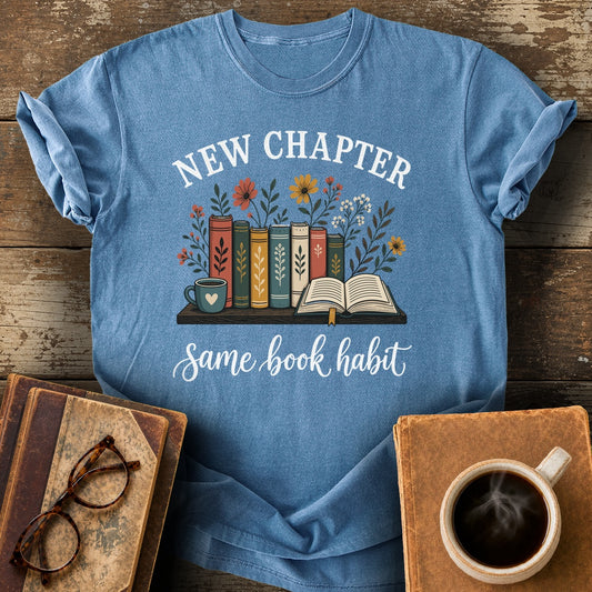 New Chapter Same Book Habit Tee - blue jean shirt mockup