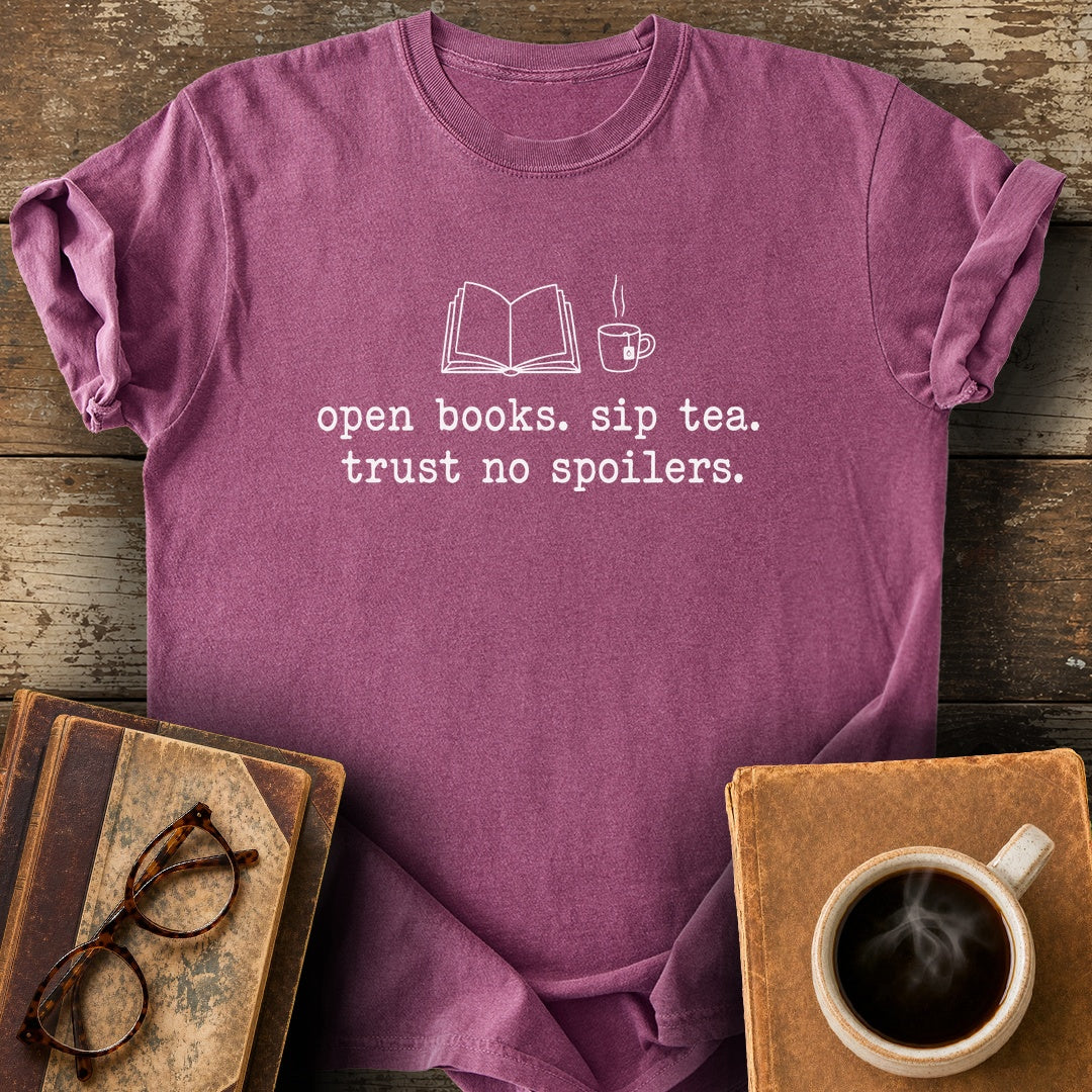 Open Books Sip Tea Trust No Spoilers Tee - berry shirt mockup