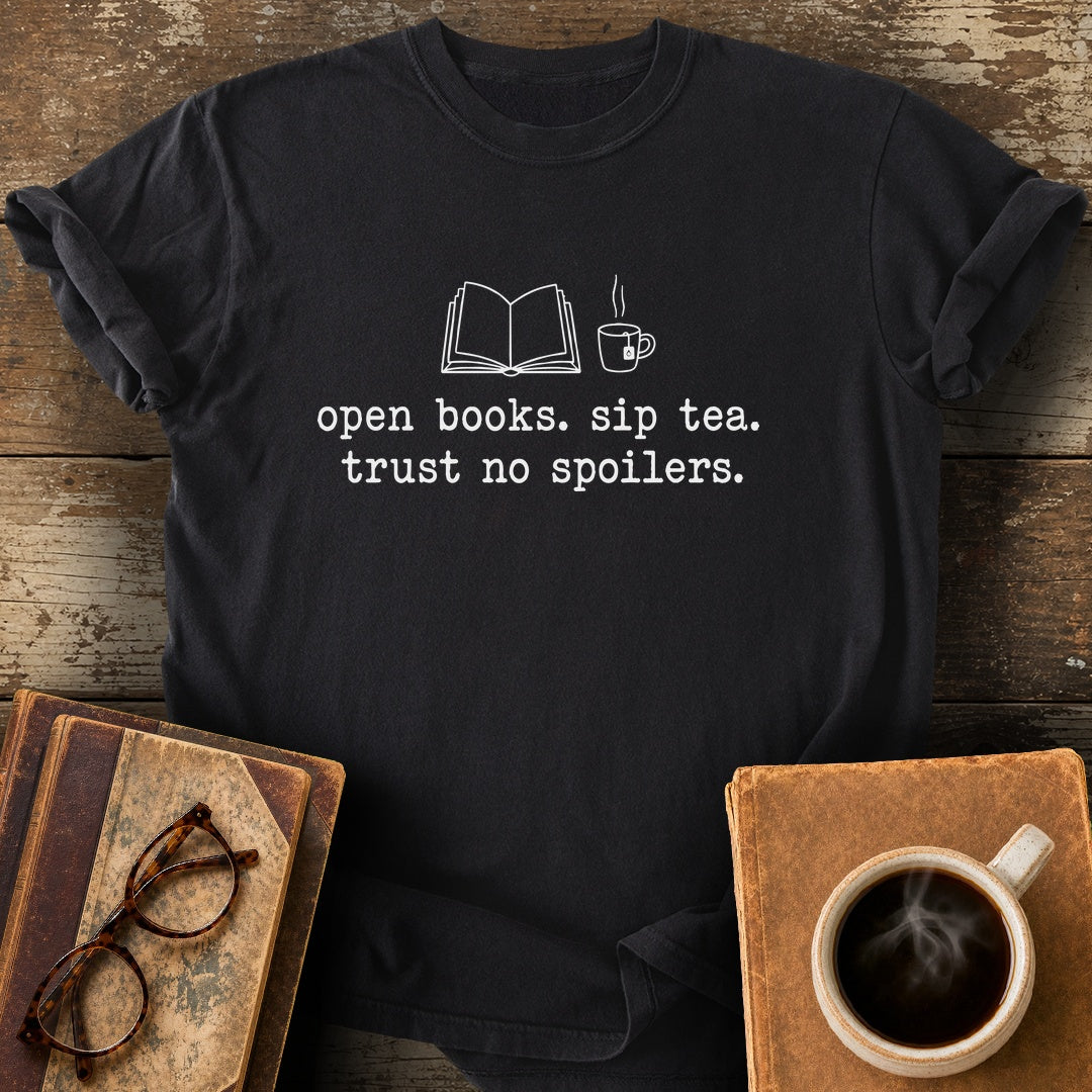 Open Books Sip Tea Trust No Spoilers Tee - black shirt mockup