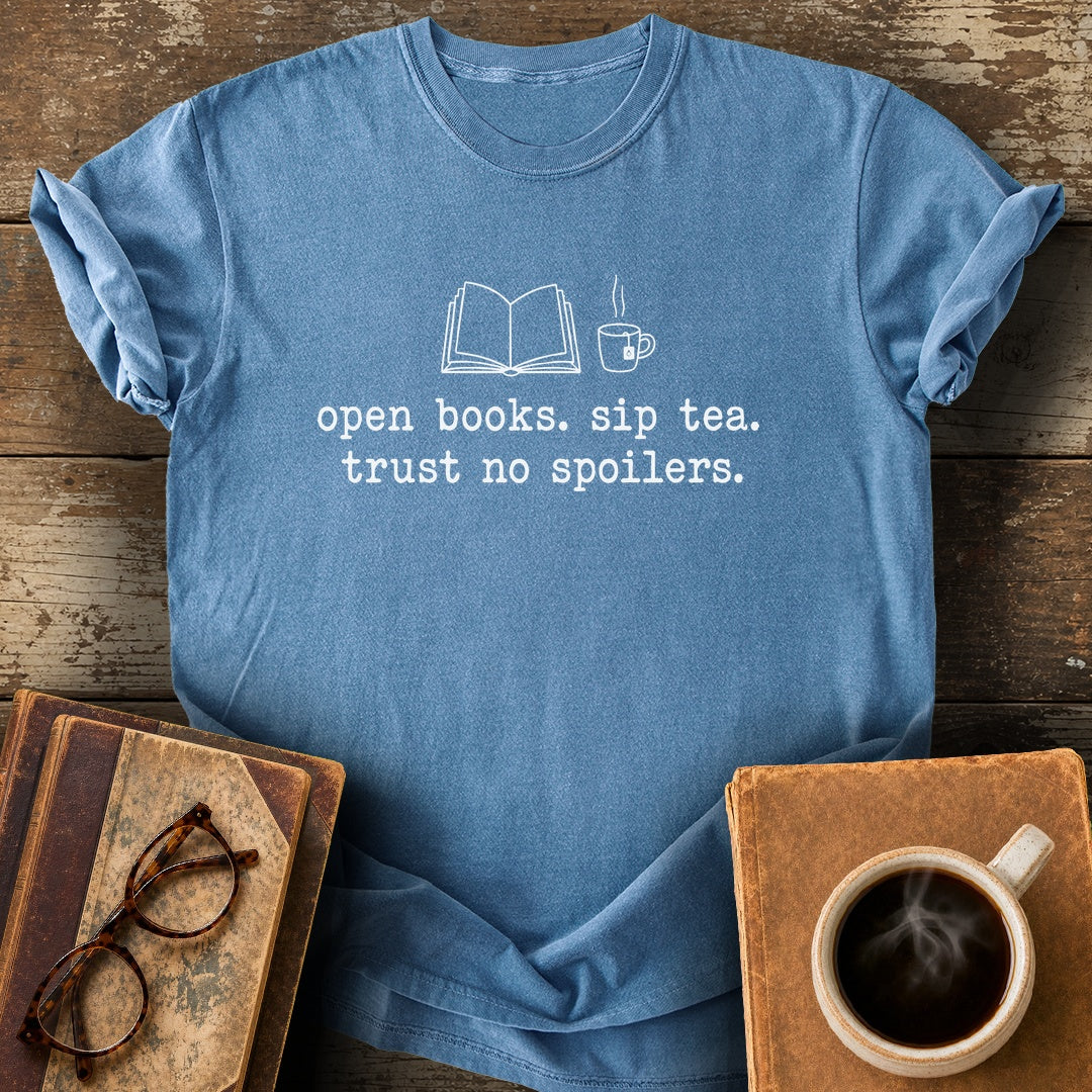 Open Books Sip Tea Trust No Spoilers Tee - blue jean shirt mockup
