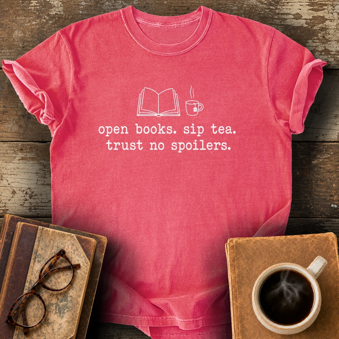 Open Books Sip Tea Trust No Spoilers Tee - watermelon shirt mockup