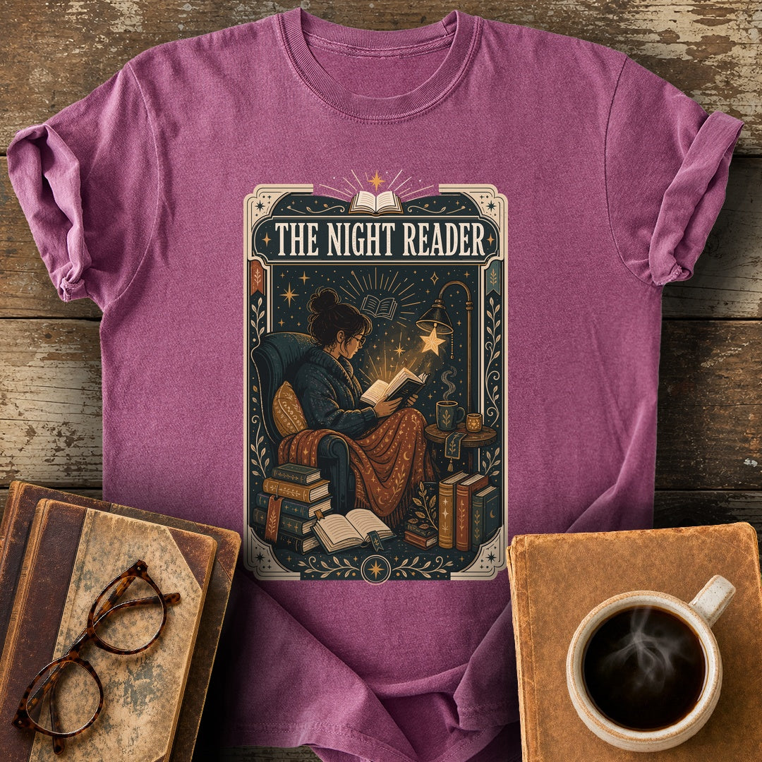 The Night Reader Tarot Tee - berry shirt mockup