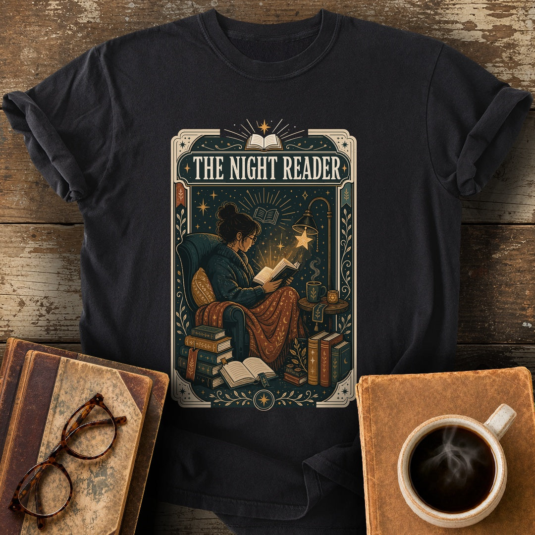 The Night Reader Tarot Tee - black shirt mockup