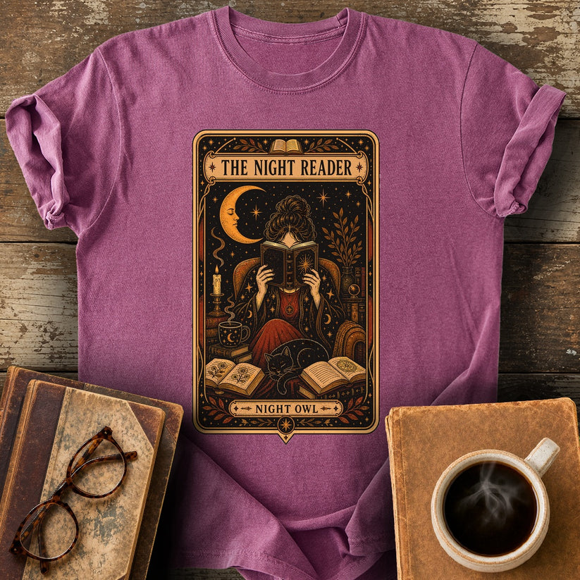 The Night Reader Night Owl Tee - berry shirt mockup