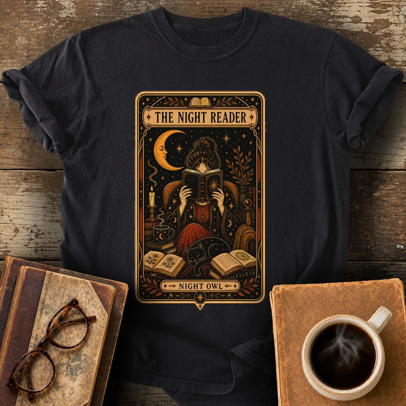 The Night Reader Night Owl Tee - black shirt mockup