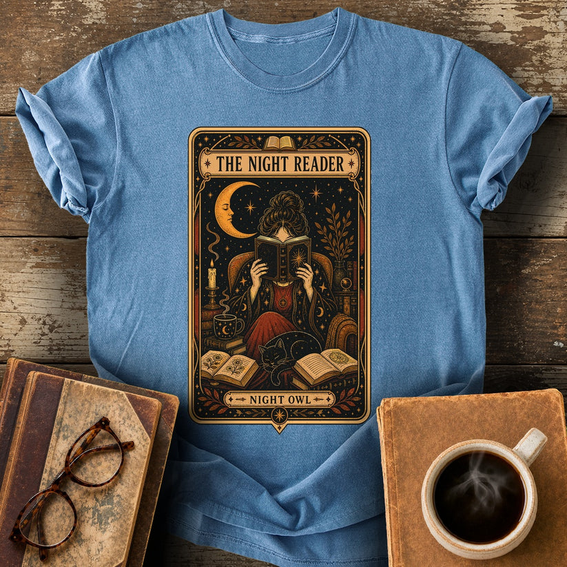 The Night Reader Night Owl Tee - blue jean shirt mockup
