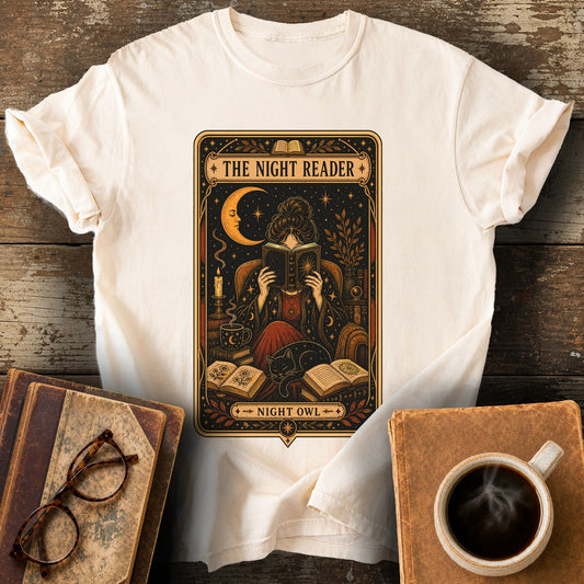 The Night Reader Night Owl Tee - ivory shirt mockup