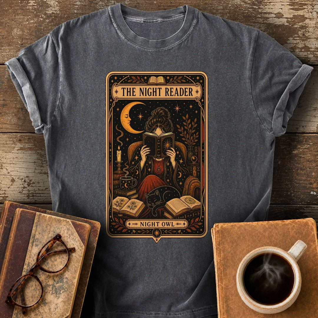 The Night Reader Night Owl Tee - pepper shirt mockup