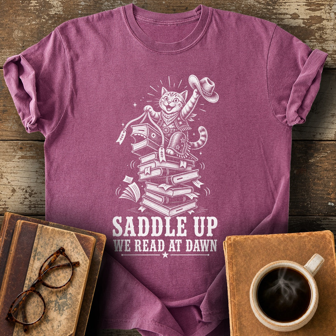 Saddle Up We Read at Dawn Tee - berry shirt mockup