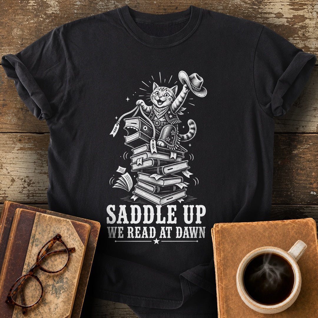 Saddle Up We Read at Dawn Tee - black shirt mockup