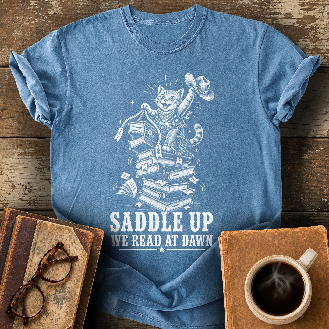 Saddle Up We Read at Dawn Tee - blue jean shirt mockup