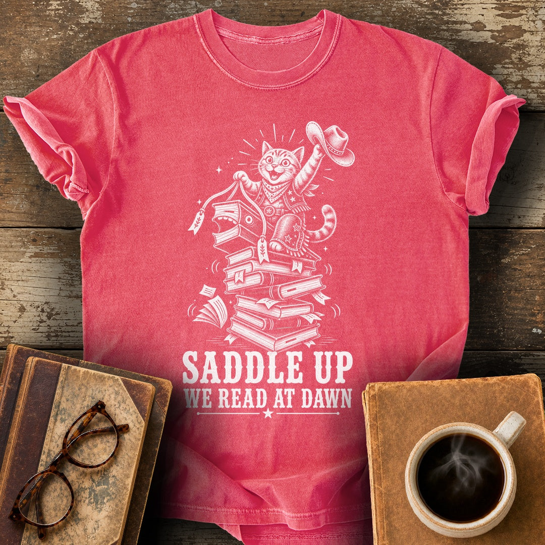 Saddle Up We Read at Dawn Tee - watermelon shirt mockup