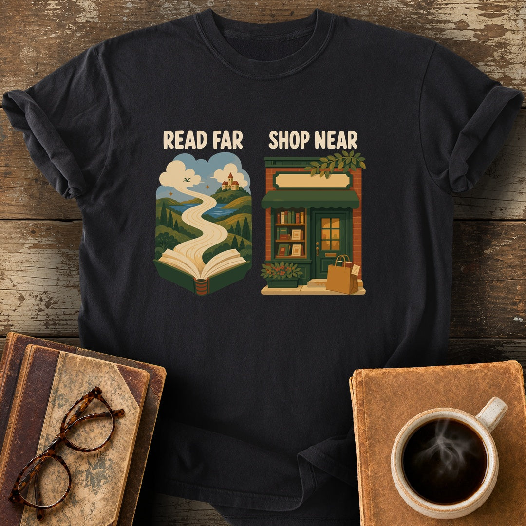Read Far, Shop Near Tee - black shirt mockup